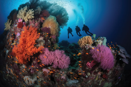 Underwater photo of a group of divers on a colorful coral reefの素材