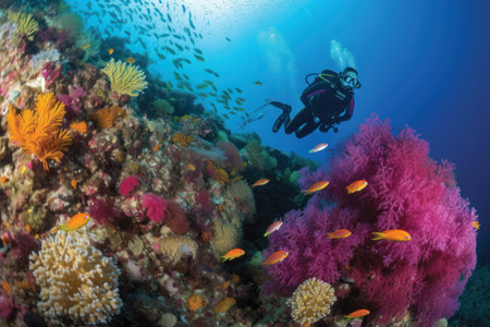 Scuba diver and colorful tropical coral reef in the Red Sea.の素材