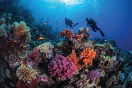 Scuba diving on a tropical coral reef in the Red Sea.の素材