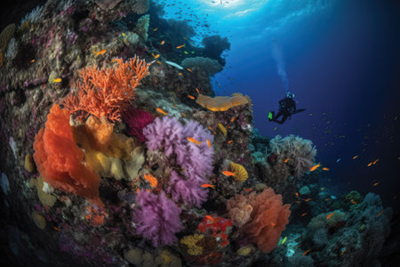 Scuba diver and colorful tropical coral reef in the Red Sea.の素材
