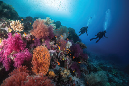 Diver and corals on a tropical coral reef in Thailand.の素材