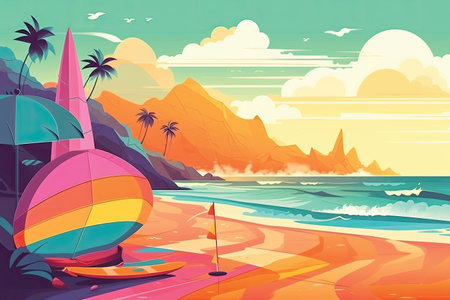 Vector illustration of a beach with a surfboard and palm trees.の素材