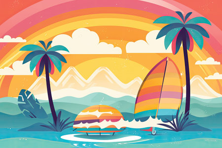 Tropical island with palm trees and surfboards. Vector illustrationの素材