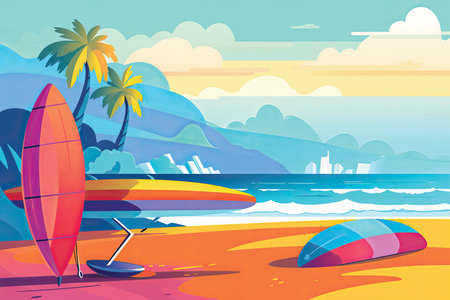 Surfboard on the beach. Summer vacation. Vector illustration.の素材