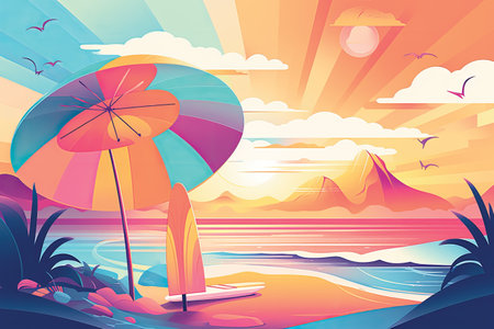 Vector illustration of sunset on the beach with an umbrella and a chairの素材