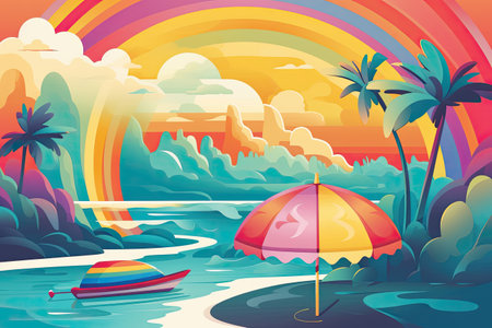 Vector illustration of a tropical beach with palm trees, boat and rainbowの素材