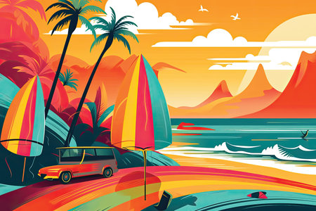 Surfers on the beach with a car. Vector illustration.の素材