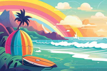 Summer beach with palm trees, surfboard and rainbow. Vector illustrationの素材
