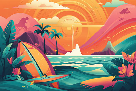 Tropical island landscape with palm trees and windsurfboard vector illustrationの素材