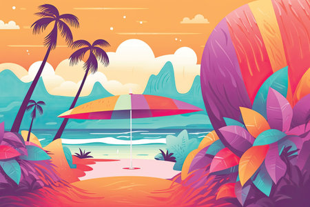 Vector illustration of tropical island with palm trees, sand, beach and umbrella.の素材