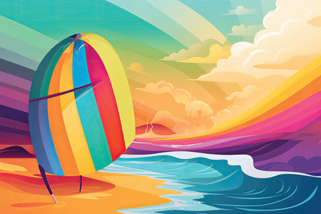 Illustration of a colorful summer background with a windsurfboardの素材
