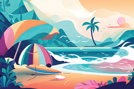 Summer beach landscape with palm trees and surfboard. Vector illustration.の素材