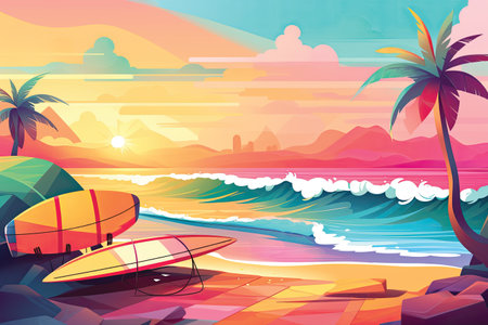 Surfboard on the beach at sunset. Vector illustration in cartoon styleの素材