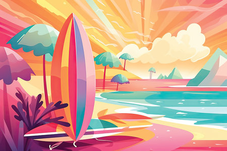 Surfboard on the beach. Vector illustration in cartoon style.の素材