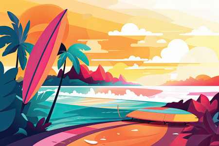 Surfboard on the beach at sunset. Vector illustration in flat styleの素材