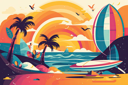 Surfboards on the beach. Summer time. Vector illustration.の素材