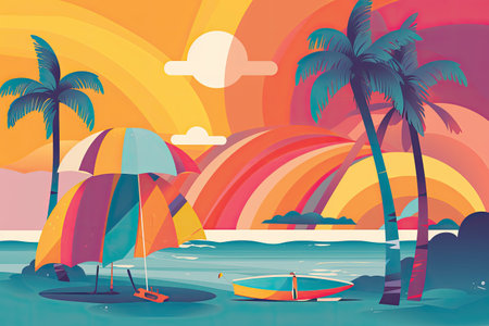 Tropical beach with palm trees and sunsets. Vector illustrationの素材