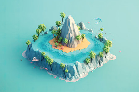 island in the ocean with palm trees and sand, 3d renderの素材