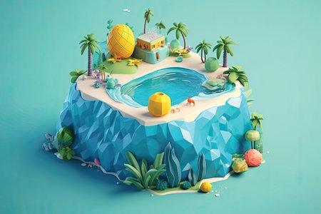 isometric island with swimming pool, palm trees and beach ball.の素材