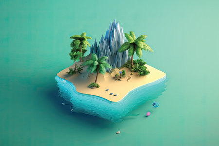 Tropical island with palm trees and sand. 3d renderの素材