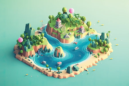 isometric city concept with isometric city and river, 3d illustrationの素材