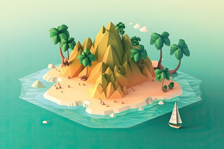 island with palm trees and a sailboat. 3d renderの素材