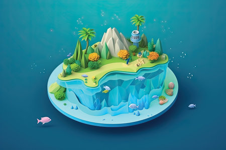 Fantasy island in the ocean. 3D illustration. Vector.の素材