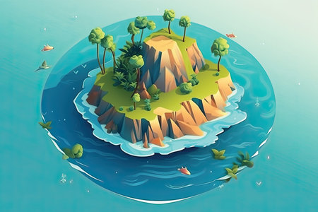 isometric island in the ocean with trees and fish, vector illustrationの素材