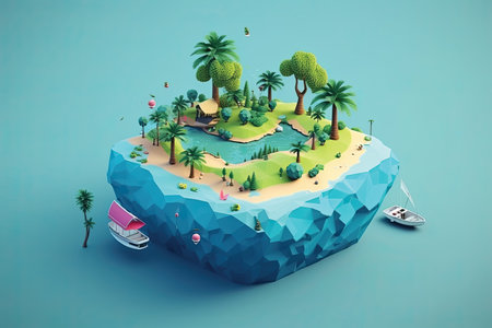 Tropical island with palm trees and boats, 3d renderの素材