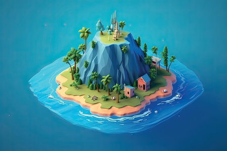 island with house on the island in the ocean. 3d renderの素材