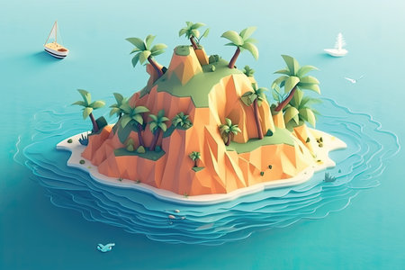 island in the sea with palm trees and boats. 3d renderの素材