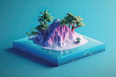 isometric island with palm trees and turquoise water, 3d renderの素材