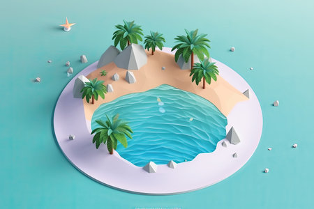 Tropical island with palm trees. 3d render illustration.の素材