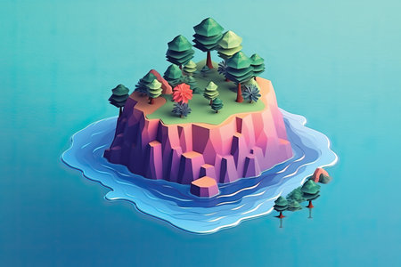 isometric island with trees and blue sky, 3d render illustrationの素材
