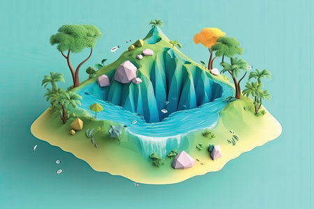 island with trees and mountains in paper art style. 3d illustrationの素材