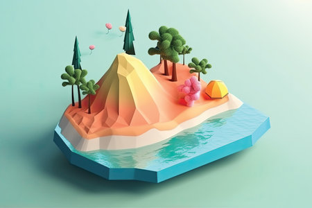 3D illustration of a mountain island with trees and a camping tentの素材