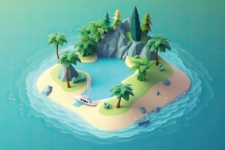 isometric island with palm trees and boats, 3d render illustrationの素材