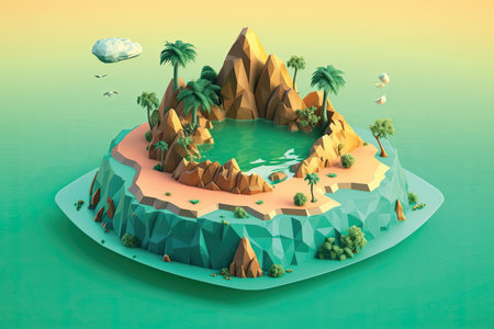 isometric island with palm trees and rocks. 3d render illustrationの素材