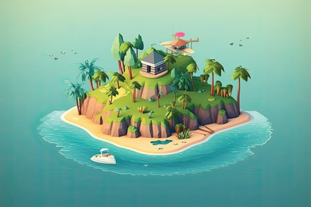 island with boat and palm trees. 3d render illustration.の素材