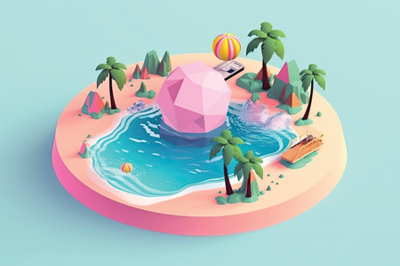 isometric island with palm trees and beach, 3d render illustrationの素材