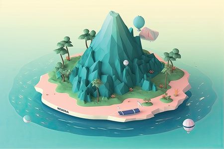 isometric island with mountains and sea. 3d vector illustration.の素材