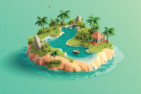 Island with palm trees and boats on the island. Vector illustration.の素材