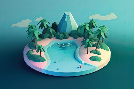 isometric island with palm trees and lake, 3d render illustrationの素材