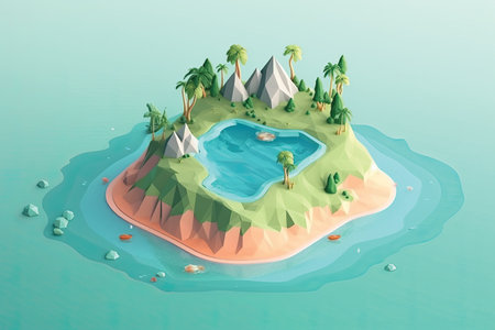 isometric island with palm trees and a lake. 3d renderの素材