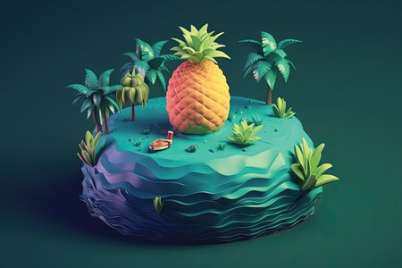 Pineapple on island with palm trees, 3d render illustrationの素材