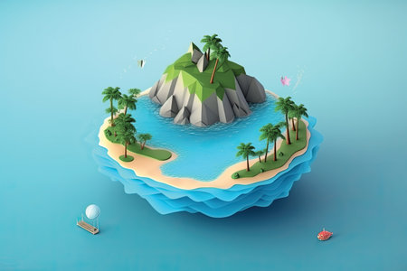 island in the ocean with palm trees and sailboat. 3d renderの素材