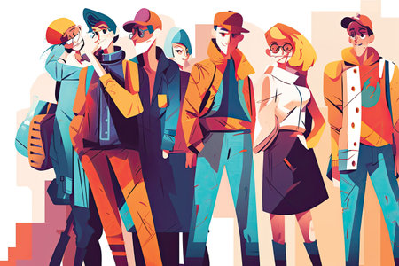 Group of young fashion men and women walking in the city. Vector illustrationの素材