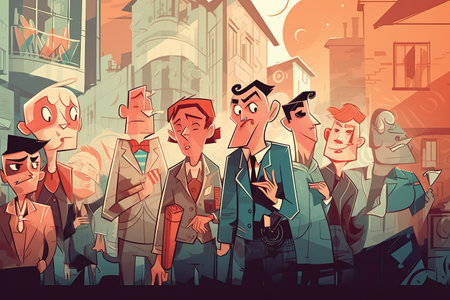 Group of people in the city. Vector illustration in retro style.の素材