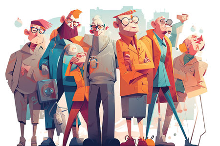 Group of old people walking in the city. Vector illustration in cartoon styleの素材