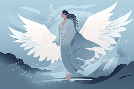 Angel with wings. Vector illustration of a girl in a blue dress.の素材
